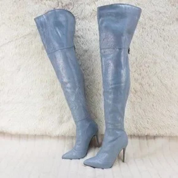 Mack J Denim Laser Hologram Fabric High Heel Split Top Thigh Boots - Picture 2 of 7